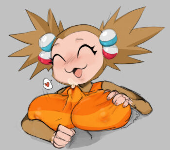 1boy 1girl :3 blush breasts cum cum_in_clothes cum_through_clothes hair_ornament hetero huge_breasts monkey monkey_girl nipples_visible_through_shirt paizuri sega smile super_monkey_ball twintails yanyan_(super_monkey_ball)