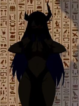 1girl alternate_costume ancient_egyptian_clothes animated arm_strap armlet asymmetrical_horns black_hair black_horns black_veil blue_hair breasts colored_inner_hair dancing demon_horns egyptian_trend_(meme) harikyon_dzs hieroglyphics hololive hololive_english horns jewelry large_breasts long_hair looking_at_viewer meme mole mole_under_eye mouth_veil multicolored_hair navel nerissa_ravencroft own_hands_together pelvic_curtain red_eyes see-through_clothes see-through_veil solo sound swaying_hip tagme uneven_horns veil video virtual_youtuber