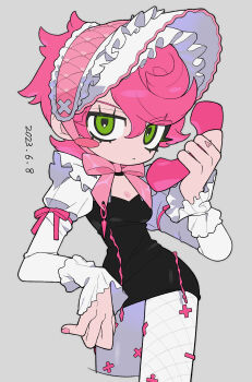 1girl absurdres black_dress blush_stickers bonnet bow breasts c73an cleavage closed_mouth commentary_request cropped_legs dated dress finger_tattoo fingernails fishnet_pantyhose fishnets grey_background hair_between_eyes highres holding holding_phone jojo_no_kimyou_na_bouken long_sleeves looking_at_viewer pantyhose phone pink_bow pink_hair solo tattoo trish_una vento_aureo white_pantyhose white_sleeves