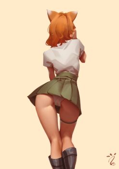 1girl absurdres animal_ears ass black_boots boots brown_background brown_hair commentary facing_away feet_out_of_frame fox_ears fox_girl from_behind green_skirt highres medium_hair miniskirt original panties pleated_skirt school_uniform shirt short_sleeves simple_background skindentation skirt solo standing sushoartworks thigh_strap underbutt underwear white_panties white_shirt