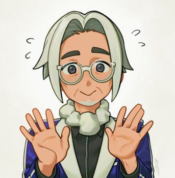 1boy :&gt; akeoji_023 arms_up black_shirt clavell_(pokemon) closed_mouth commentary_request dot_nose flying_sweatdrops grey_eyes grey_hair highres jacket male_focus nintendo parted_hair pokemon pokemon_sv round_eyewear shirt smile solo striped_clothes striped_jacket upper_body vertical-striped_clothes vertical-striped_jacket white-framed_eyewear white_background wrinkled_skin zipper