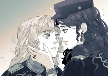 2girls black_hat blonde_hair brown_hair commission dorothea_arnault earrings fire_emblem fire_emblem:_three_houses flat_cap green_eyes hat ingrid_brandl_galatea jewelry multiple_girls nintendo tsukkimin yuri