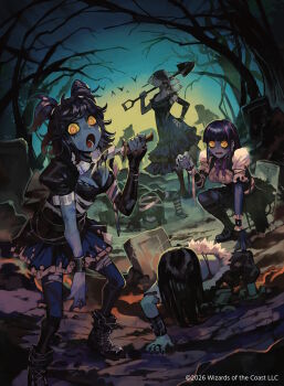 1girl bare_tree black_choker black_dress black_eyeshadow black_hair black_nails boots breasts choker cleavage cloud colored_skin dress eyeshadow face_piercing full_body gisa_(magic) gloves goth_fashion gothic_lolita grave graveyard highres holding holding_weapon hungry_clicker innistrad_(plane) jewelry labret_piercing lace lace_sleeves large_breasts lolita_fashion long_hair long_sleeves looking_at_viewer magic:_the_gathering makeup moon multiple_girls necromancer night official_art open_mouth outdoors outstretched_arms piercing red_eyes short_hair skirt sky solo thighhighs tombstone tree undead upper_body weapon zombie zombie_pose