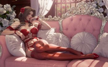 1girl 3d aerith_gainsborough alternate_costume bra breasts brown_hair cleavage couch emy-san final_fantasy final_fantasy_vii final_fantasy_vii_remake flower garter_belt garter_straps hair_flower hair_ornament high_heels highres lace lace-trimmed_bra lace-trimmed_collar lace-trimmed_garter_belt lace-trimmed_panties lace-trimmed_thighhighs lace_trim lingerie on_couch panties patent_heels pillow pumps red_bra red_flower red_lips red_nails red_panties red_rose red_shoes red_thighhighs rose shoes solo thighhighs underwear underwear_only white_flower white_rose
