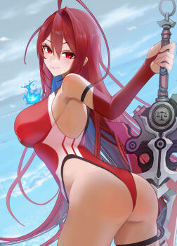 1girl ahoge arm_strap ass blue_fire blue_hair blue_sky breasts bridal_gauntlets closed_mouth cloud colored_inner_hair commentary commentary_request competition_swimsuit day double-parted_bangs elbow_gloves elizabeth_rose_bloodflame elizabeth_rose_bloodflame_(holonatsu_paradise) eneeues english_commentary fire fire_on_chest gloves greatsword hair_between_eyes highleg highleg_one-piece_swimsuit highres holding holding_sword holding_weapon hololive hololive_english huge_ahoge large_breasts long_hair looking_at_viewer mixed-language_commentary multicolored_hair one-piece_swimsuit outdoors planted planted_sword planted_weapon red_gloves red_hair red_one-piece_swimsuit sideboob single_elbow_glove single_hair_intake sky smile solo spanish_commentary swimsuit sword thigh_strap thorn_(elizabeth_rose_bloodflame) very_long_hair weapon