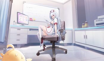 1girl absurdres ahoge arm_support artist_request azur_lane baby_animal bed bird blush bottle breasts cabinet chair check_artist chick computer curtains desk dress flying_sweatdrops from_side full_body garter_straps gloves hair_between_eyes hair_ornament hat headphones headphones_around_neck high_heels highres holding holding_syringe hospital hospital_bed huoyi_(zzh100200) indoors infirmary knee_up lanyard legs long_hair looking_at_viewer looking_back manjuu_(azur_lane) monitor nervous_sweating non-web_source nurse nurse_cap office official_alternate_costume official_art on_chair open_mouth rabbit_tail red_eyes shoes short_dress short_sleeves sideboob sideboob_cutout sidelocks sitting skindentation small_breasts smile solo_focus stethoscope stremitelny_(azur_lane) stremitelny_(nurse_on_the_night_shift)_(azur_lane) sweat sweatdrop syringe tail teeth thighhighs thighs tiles tongue upper_teeth_only very_long_hair white_dress white_gloves white_hair white_thighhighs whiteboard zettai_ryouiki