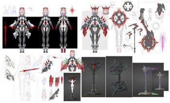 1girl 3d absurdres arms_at_sides reference_sheet donxxxs doodle_inset extra_arms fewer_digits from_behind from_side full_body halo high_heels highres joints kusarigama mask mechanical_halo multiple_views original pale_skin pink_hair red_eyes robot_girl robot_joints screenshot_inset short_hair sickle standing straight-on sword weapon weapon_on_back