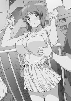 1girl 2boys a1_(initial-g) bag blush bra breasts commentary_request girls_und_panzer greyscale highres holding_another&#039;s_wrist large_breasts monochrome multiple_boys nishizumi_miho outdoors short_hair skirt solo_focus underwear watch