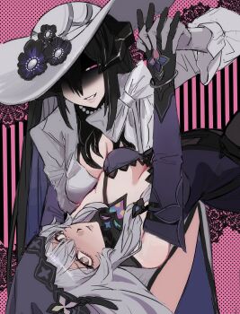 2girls bangle black_flower black_hair black_swan_(honkai:_star_rail) bow bracelet breasts cleavage dancing detached_sleeves floral_background flower gloves grin hat highres holding_hands honkai:_star_rail honkai_(series) jewelry large_breasts long_hair multiple_girls necklace ox_xohappy pink_background pink_eyes purple_hair shaded_face smile strap sun_hat the_dahlia_(honkai:_star_rail) veil very_long_hair yellow_eyes