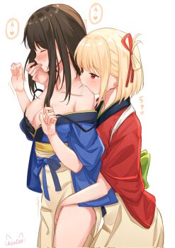 2girls arms_up bad_id bad_twitter_id biting biting_shoulder black_hair blonde_hair blue_kimono blush breasts captain_yina cleavage covered_erect_nipples finger_sucking green_sash hair_between_eyes hand_in_another&#039;s_mouth hand_on_another&#039;s_crotch heart highres implied_orgasm inoue_takina japanese_clothes kimono long_hair lycoris_recoil medium_breasts multiple_girls neck nishikigi_chisato orgasm red_eyes red_kimono red_ribbon ribbon saliva sash short_hair sweat thighs touching_another&#039;s_crotch wide_hips yuri