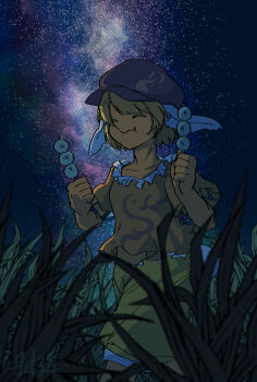 1girl animal_ears blonde_hair brown_hat closed_eyes closed_mouth commentary_request dango doggo_1d34 facing_viewer flat_cap floppy_ears food grass happy hat highres holding holding_skewer night orange_shirt outdoors rabbit_ears ringo_(touhou) shirt short_hair short_sleeves shorts skewer sky smile solo star_(sky) starry_sky touhou wagashi yellow_shorts