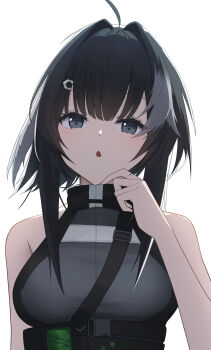 1girl :o absurdres arknights bare_arms bare_shoulders black_hair black_shirt commentary hachimin8_(shrine_kyo) hair_ornament hairclip hand_on_own_cheek hand_on_own_face high_collar highres la_pluma_(arknights) light_blush looking_at_viewer parted_lips shirt short_hair_with_long_locks sleeveless sleeveless_shirt solo strap upper_body