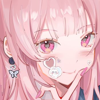 1girl butterfly_earrings closed_mouth earrings fingernails hashtag-only_commentary heart heart_sticker highres jewelry long_hair looking_at_viewer nail_polish original pink_eyes pink_hair pink_nails portrait pyyuu smile solo sticker sticker_on_face