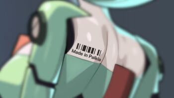 1girl back barcode blurry breasts close-up colored_skin depth_of_field drunkoak english_text female_focus gardevoir gen_3_pokemon green_hair green_skin grey_background head_out_of_frame highres humanoid_robot mechanization medium_breasts multicolored_skin nintendo pokemon pokemon_(creature) robot short_hair simple_background solo two-tone_skin white_skin