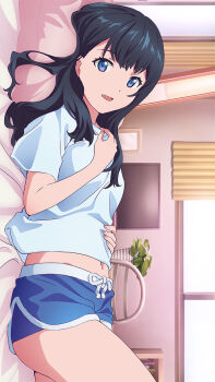 1girl archived_source bed bedroom black_hair blue_eyes blue_shirt blue_shorts breasts cowboy_shot dolphin_shorts game_cg gridman_universe highres indoors long_hair looking_at_viewer lying medium_breasts midriff_peek navel official_art on_back on_bed open_mouth pillow plant potted_plant pov_across_bed shirt short_sleeves shorts solo ssss.gridman takarada_rikka third-party_source