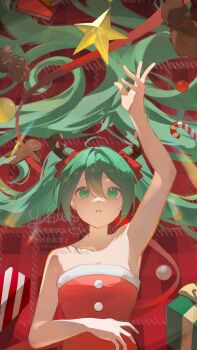 Rule 34 | 1girl, ahoge, antlers, aqua hair, arm up, bare arms, bare shoulders, book, bow, box, candy, candy cane, christmas ornaments, christmas star, dress, fake antlers, food, fur-trimmed dress, fur trim, gift, gift box, gingerbread man, green eyes, hair between eyes, hair bow, hatsune miku, highres, horns, long hair, multiple hair bows, parted lips, pinecone, plaid background, reaching, red background, red bow, reindeer antlers, santa costume, santa dress, solo, strapless, strapless dress, stuffed animal, stuffed toy, teddy bear, upper body, very long hair, vocaloid, watermark, yellow bow, yukihira makoto