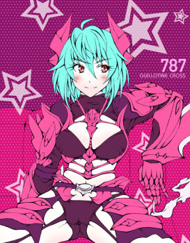 1girl ahoge armor bikini bikini_armor black_bikini blue_hair blush breasts character_name cleavage closed_mouth commentary_request couch cowboy_shot gauntlets guillotine_cross_(ragnarok_online) hair_between_eyes halftone halftone_background headgear large_breasts long_bangs looking_afar looking_to_the_side pauldrons ragnarok_online red_armor red_eyes saaki_(sa-ki) short_hair shoulder_armor shrug_(clothing) sitting smile solo star_(symbol) swimsuit
