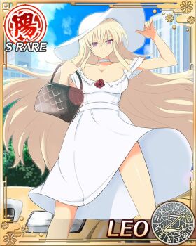 1girl aquarius_(symbol) aries_(symbol) bag black_bag blonde_hair blue_sky border breasts brooch building cancer_(symbol) capricorn_(symbol) car card_(medium) casual character_name choker city cleavage cloud cloudy_sky collarbone day dodecagram dress english_text flower flower_brooch gemini_(symbol) hair_between_eyes handbag hat holding holding_bag jewelry large_breasts lens_flare leo_(senran_kagura) leo_(symbol) libra_(symbol) long_hair looking_at_viewer motor_vehicle official_art outdoors pisces_(symbol) plant purple_eyes red_flower red_rose rose sagittarius_(symbol) school_emblem scorpio_(symbol) senran_kagura senran_kagura_new_wave shiny_skin sky skyscraper smirk solo standing sun_hat taurus_(symbol) tree v-shaped_eyebrows very_long_hair virgo_(symbol) white_choker white_dress white_hat zodiac_wheel