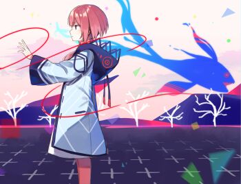 Rule 34 | 1girl, blunt bangs, border, buttons, closed mouth, expressionless, fish, highres, jacket, kaf (kamitsubaki studio), kamitsubaki studio, long sleeves, looking to the side, medium hair, multicolored eyes, ornate border, pink hair, reaching, solo, standing, string, string of fate, virtual youtuber, white jacket, zoirun