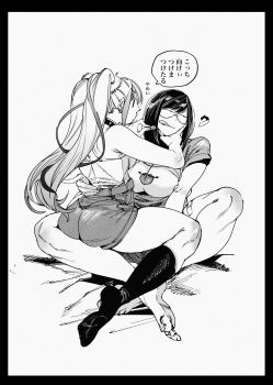 2girls :p applying_another's_makeup applying_makeup ass black_border border breasts charuko_(hachinuki_tetsuyo) full_body greyscale gyaru hachinuki_tessei highres jimiko jitome kogal large_breasts large_feet mob_face moire monochrome multiple_girls original round_eyewear she_(hachinuki_tetsuyo) simple_background sitting sitting_on_lap sitting_on_person swept_bangs tongue tongue_out twintails white_background yuri |_|