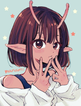 1girl alien antennae artist_name blue_tank_top blush brown_eyes brown_hair closed_mouth collarbone colored_skin commentary double_w green_background hands_up hashtag-only_commentary kujo_chiharu long_sleeves looking_at_viewer milky_galactic_universe milky_subway off_shoulder pink_skin pointy_ears short_hair sidelocks signature solo star_(symbol) star_symbol_background sugano_manami sweater tank_top upper_body w white_sweater