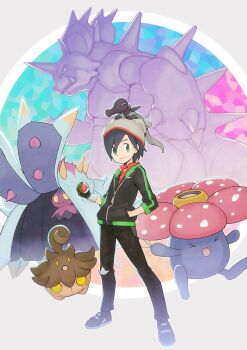1boy black_gloves black_hair black_jacket closed_eyes closed_mouth creature creature_on_head degarashi_(ponkotsu) fangs fingerless_gloves gen_1_pokemon gen_6_pokemon gen_7_pokemon gloves glowing glowing_eyes green_eyes green_gloves hair_between_eyes hand_in_pocket hat holding jacket male_focus multicolored_gloves nidoking nintendo on_head open_mouth partially_fingerless_gloves poke_ball poke_ball_(basic) pokemon pokemon_(creature) pokemon_on_head pokemon_swsh pumpkaboo salandit smile standing teeth toxapex victor_(pokemon) vileplume yellow_eyes zipper zipper_pull_tab