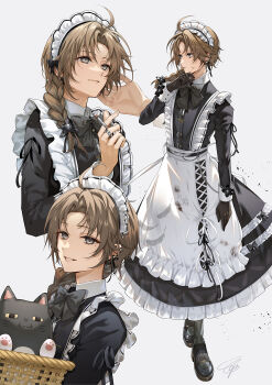 Rule 34 | 1boy, absurdres, ahoge, alternate costume, apron, basket, black bow, black bowtie, black dress, black gloves, black shoes, bow, bowtie, braid, braided ponytail, brown eyes, brown hair, cigarette, collared dress, commentary, contrast collar, crossdressing, crossdressing (mtf), dress, enmaided, eyelashes, frilled apron, frilled straps, frills, gloves, grey eyes, hair over shoulder, highres, holding, holding basket, holding cigarette, kanae (nijisanji), long dress, looking afar, looking at viewer, low side ponytail, maid, maid headdress, male focus, mole, mole under eye, multiple views, nijisanji, o-ring, o-ring thigh strap, shoes, side braid, side ponytail, sleeve cuffs, smoking, tcb, thigh strap, trap, untranslatable commentary, virtual youtuber, waist apron, white apron