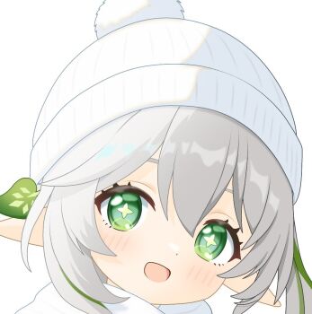 1girl beanie blush commentary genshin_impact green_eyes green_streaks hair_between_eyes hair_ornament hat leaf_hair_ornament looking_at_viewer multicolored_hair nahida_(genshin_impact) nana5863390 open_mouth pointy_ears pom_pom_(clothes) pom_pom_beanie portrait simple_background solo star-shaped_pupils star_(symbol) streaked_hair symbol-shaped_pupils white_background white_hair white_hat