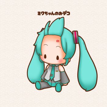 1girl abstract_background absurdres aqua_hair aqua_necktie aqua_skirt armpit_peek armpits artist_name bare_shoulders black_boots black_skirt black_sleeves blush boots chibi chibi_only collared_shirt commentary_request detached_sleeves facing_to_the_side floating_hair forehead_tattoo grey_background grey_shirt hair_ornament hairclip hatsune_miku highres long_hair looking_to_the_side miniskirt mosaic_background necktie number_tattoo pleated_skirt sh1n_chan shirt sidelocks signature sitting skirt sleeveless sleeveless_shirt solid_oval_eyes solo striped_clothes striped_shirt striped_sleeves tattoo thigh_boots twintails two-tone_skirt very_long_hair vocaloid