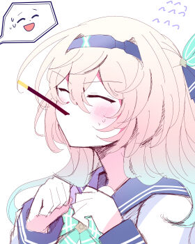 1girl absurdres bow closed_eyes collared_shirt electronduck firefly_(honkai:_star_rail) firefly_(spring_missive)_(honkai:_star_rail) food green_bow grey_hair hair_intakes hair_ribbon highres holding holding_food holding_pocky honkai:_star_rail honkai_(series) long_hair pocky pocky_day ribbon school_uniform shirt solo