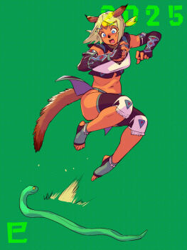 1girl 2025 adventurer_(ff11) animal_ears blonde_hair blue_eyes breasts cat_ears cat_girl cat_tail dark-skinned_female dark_skin elbow_gloves facial_mark final_fantasy final_fantasy_xi fingerless_gloves gloves highres jumping loincloth medium_breasts mithra_(ff11) navel open_mouth simple_background snake solo surprised tail toes wide-eyed yuccoshi