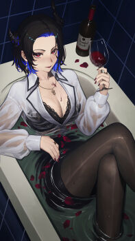 1girl absurdres alcohol asymmetrical_horns black_bra black_hair black_pantyhose black_skirt blue_hair bra breasts cleavage collared_shirt colored_inner_hair commentary crossed_legs cup drinking_glass earrings flower gold_earrings gold_necklace high-waist_skirt highres holding holding_cup hololive hololive_english horn_flower horns in_bathtub indoors jewelry knees_up lace lace_bra large_breasts looking_at_viewer lying mcking mole mole_under_eye multicolored_hair necklace nerissa_ravencroft nerissa_ravencroft_(casual) official_alternate_costume official_alternate_hair_length official_alternate_hairstyle on_back pantyhose partially_submerged petals red_eyes rose_petals see-through_clothes see-through_shirt shirt shirt_tucked_in short_hair skirt solo tile_wall tiles underwear uneven_horns virtual_youtuber wet wet_clothes wet_shirt white_shirt wine wine_glass