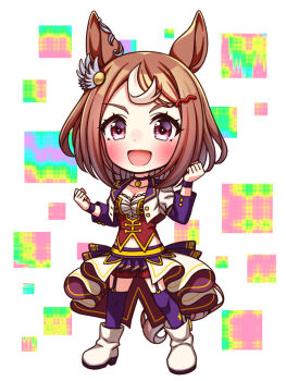 1girl animal_ears blush bodice boots breasts brown_hair chibi chibi_only choker cleavage clenched_hands collarbone commentary_request corset cropped_jacket full_body garter_straps hair_between_eyes hair_ornament hairclip highres horse_ears horse_girl horse_tail jacket large_breasts long_hair long_sleeves looking_at_viewer midriff_peek multicolored_hair navel open_mouth overskirt pendant_choker purple_choker purple_eyes purple_garter_straps purple_thighhighs red_corset red_shorts shirt shorts smile solo star_(symbol) starting_future_(umamusume) streaked_hair sugimotty_nova tail thighhighs tsurumaru_tsuyoshi_(umamusume) two-tone_hair umamusume white_boots white_hair white_jacket white_shirt wristband