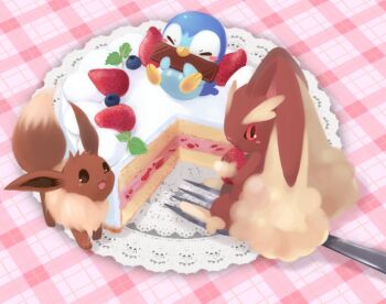 1other blueberry blush blush_stickers brown_eyes cake chocolate closed_eyes commentary eating eevee food fork fruit furry gen_1_pokemon gen_4_pokemon holding holding_food lopunny nintendo okamori_kuo oversized_food oversized_object pink_eyes piplup plate pokemon pokemon_(creature) sitting smile strawberry