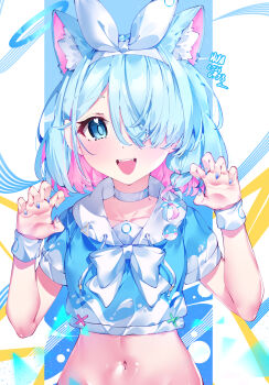 1girl :d animal_ears arona_(blue_archive) artist_name blue_archive blue_eyes blue_hair blue_halo blue_nails blue_shirt bow bowtie braid cat_ears chinese_commentary choker commentary cowboy_shot dated hair_over_one_eye hairband halo highres hua-huahua midriff multicolored_hair navel one_eye_covered open_mouth pink_hair sailor_collar shirt short_hair side_braid smile solo teeth upper_body upper_teeth_only white_bow white_bowtie white_choker white_hairband white_sailor_collar white_wrist_cuffs wrist_cuffs