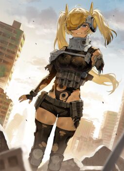 1girl ame_arare ammunition_pouch amputee arm_at_side armor black_leotard blonde_hair blue_eyes breasts broken_arm broken_armor building bullet_hole cable cloud cloudy_sky commentary_request cyborg damaged_android day dilapidated elbow_gloves feet_out_of_frame fingerless_gloves gloves goddess_of_victory:_nikke grin gun handgun highres holstered idoll_sun_(nikke) leotard long_hair medium_breasts missing_limb one_eye_covered outdoors pouch severed_arm severed_limb shoulder_armor skin_tight sky smile solo standing torn_clothes twintails visor_(armor) weapon