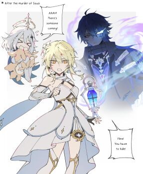 >_< 1boy 2girls absurdres arm_armor bare_shoulders black_gloves blonde_hair blue_fire blue_hair boots commentary detached_sleeves dress english_commentary english_text feather_hair_ornament feathers feet_out_of_frame fire flins_(genshin_impact) floating floating_object flower genshin_impact gloves hair_between_eyes hair_flower hair_ornament halo hand_to_own_mouth heishisei highres lantern looking_at_viewer lumine_(genshin_impact) multiple_girls open_mouth paimon_(genshin_impact) partially_fingerless_gloves scene_reference short_hair_with_long_locks simple_background speech_bubble thigh_boots white_background white_dress white_hair yellow_eyes