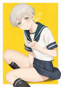 1girl adversarial_noise anchor_symbol between_legs black_socks blue_eyes blue_neckerchief blue_skirt blush border commentary_request cosplay fubuki_(kancolle) fubuki_(kancolle)_(cosplay) green_sailor_collar hair_between_eyes hand_between_legs kantai_collection knee_up kneehighs looking_at_viewer neckerchief outside_border panties rounded_corners sailor_collar sakiecho school_uniform serafuku shirt short_hair short_sleeves signature simple_background sitting skindentation skirt smile socks solo thighs underwear v white_border white_hair white_panties white_shirt yellow_background z1_leberecht_maass_(kancolle)