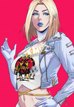 1girl angel_(x-men) animification beast_(x-men) blonde_hair blue_eyes blue_lips breasts cyclops_(x-men) domino_mask emma_frost eye_mask highres iceman_(x-men) jean_grey jhony_caballero lipstick makeup marvel mask medium_breasts navel short_hair solo superhero_costume x-men