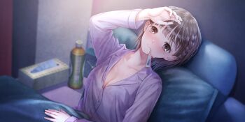 1girl alarm_clock analog_clock blue_reflection_(series) blue_reflection_sun blunt_ends blush bottle bra bra_visible_through_clothes braid breasts brown_eyes brown_hair cleavage clock collarbone fever game_cg hand_on_own_forehead highres hoshiya_kanna indoors kishida_mel lace lace-trimmed_bra lace_trim large_breasts long_sleeves looking_at_viewer mouth_hold non-web_source official_art on_bed pajamas partially_unbuttoned pillow purple_pajamas sick solo sweat thermometer thermometer_in_mouth tissue_box under_covers underwear