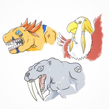 blue_eyes digimon digimon_(creature) garudamon highres metalgreymon muscular muscular_male nude open_mouth sharp_teeth teeth tusks what why zudomon