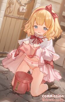 1girl absurdres artist_name black_boots blonde_hair blue_eyes blush boots bow bow_hairband bow_panties bucket capelet cloneko_(zelmeledf2) clothes_lift commentary_request commission dress dress_lift embarrassed hairband highres kneeling lifting_own_clothes loli long_sleeves looking_down maou_no_hajimekata_(dmm) marybelle medium_hair open_mouth paid_reward_available panties pee peeing peeing_self pink_dress puffy_long_sleeves puffy_sleeves red_bow red_hairband skeb_commission socks solo twitter_username underwear variant_set white_capelet white_panties white_socks