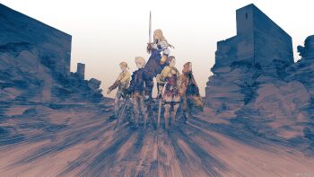 4boys agrias_oaks armor beard blonde_hair brown_hair cidolfus_orlandeau cloak delita_heiral facial_hair final_fantasy final_fantasy_tactics gun handgun highres holding holding_sword holding_weapon hood hooded_cloak looking_to_the_side multiple_boys mustadio_bunansa official_art ponytail ramza_beoulve standing sword weapon yoshida_akihiko