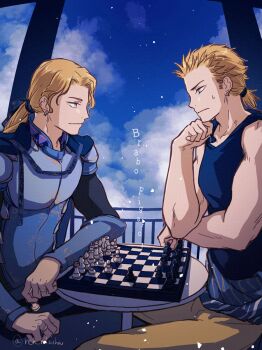 2boys arm_on_table bare_shoulders blonde_hair blue_bow blue_shirt blue_sky board_game bow brothers chess chess_piece chessboard commentary_request earrings edgar_roni_figaro final_fantasy final_fantasy_vi hair_between_eyes hand_on_own_chin highres jewelry low_ponytail male_focus multi-tied_hair multiple_boys muscular muscular_male open_mouth ponytail ren_mizuha round_teeth sabin_rene_figaro sash saw shirt siblings single_earring sitting sky sleeveless sleeveless_shirt smile sweatdrop table teeth twins waist_sash