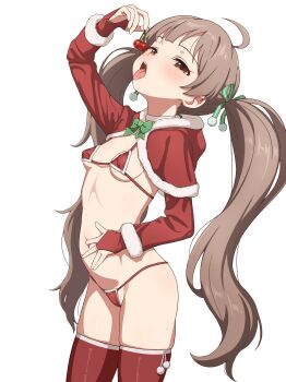 1girl absurdres ahoge arm_up bikini blush bow bowtie breasts bridal_gauntlets brown_eyes brown_hair capelet cherry christmas commentary_request cowboy_shot food from_side fruit green_bow green_bowtie hakozaki_serika hand_on_own_stomach highres idolmaster idolmaster_million_live! long_hair looking_at_viewer micro_bikini milliani navel open_mouth red_bikini red_bridal_gauntlets red_capelet red_thighhighs saliva santa_costume simple_background small_breasts solo standing string_bikini swimsuit thighhighs tongue tongue_out twintails very_long_hair white_background