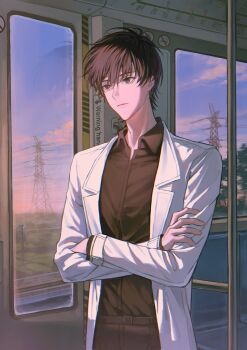 Rule 34 | 1boy, black eyes, black hair, black shirt, coat, collared shirt, commentary, cowboy shot, crossed arms, english commentary, expressionless, guomukaoya97, head tilt, highres, kim dokja, male focus, omniscient reader's viewpoint, open clothes, open coat, power lines, shirt, short hair, solo, train interior, transmission tower, white coat, yoo joonghyuk