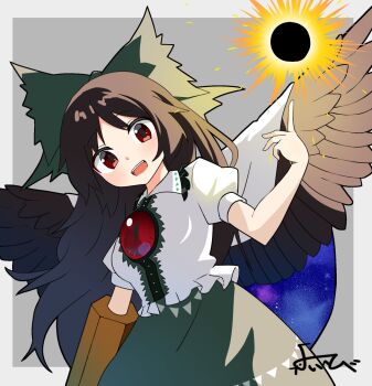 Rule 34 | arm cannon, bird wings, black hair, black sun, black wings, blush, border, bow, cape, commentary request, green bow, green skirt, grey background, hair bow, highres, long hair, looking at viewer, open mouth, red eyes, reiuji utsuho, shirt, short sleeves, signature, simple background, skirt, sun, third eye, touhou, weapon, white border, white cape, white shirt, wings, yoihebi