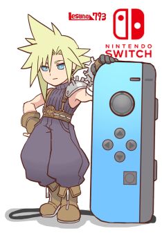 1boy armor artist_name baggy_pants bandaged_arm bandages belt blonde_hair blue_eyes blue_pants blue_shirt boots brown_belt brown_boots brown_gloves chibi chibi_only closed_mouth cloud_strife controller earrings final_fantasy final_fantasy_vii fingerless_gloves full_body game_controller gloves hair_between_eyes hand_on_own_hip highres jewelry joy-con lesuna male_focus nintendo_switch pants pauldrons shirt short_hair shoulder_armor single_bare_shoulder single_earring single_pauldron sleeveless sleeveless_turtleneck solo spiked_hair standing suspenders turtleneck white_background