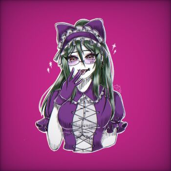 Rule 34 | 1girl, 7xeunn, aya-tachi no jinsei, bow, breasts, collar, colored skin, dot nose, earrings, face piercing, facial tattoo, frills, glasses, gloves, green hair, hair between eyes, hair bow, hairband, hand to own mouth, high ponytail, ishigami aya, jacket, jewelry, lolita fashion, lolita hairband, long hair, mouth piercing, piercing, ponytail, purple bow, purple collar, purple gloves, purple jacket, red eyes, sparkle, tattoo, tongue, tongue out, tongue piercing, white skin