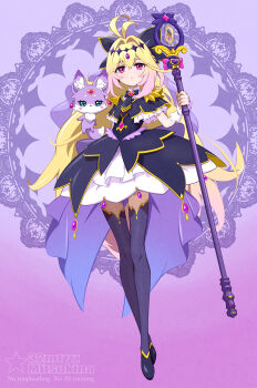 Rule 34 | 1girl, 32zzz, :3, animal ear fluff, animal ears, antenna hair, aqua eyes, artist name, black bow, black capelet, black dress, black shoes, black thighhighs, blonde hair, blush stickers, bow, braid, brooch, capelet, closed mouth, commentary, creature, crossed bangs, crossed legs, cure arcana shadow, diamond hairband, dress, earrings, english commentary, expressionless, fairy, forehead jewel, frilled capelet, frills, full body, gem, gold trim, gradient background, gradient hair, hair between eyes, hair bow, hair intakes, hairband, half up braid, heart, heart-shaped blush stickers, heart brooch, highres, holding, holding staff, jewelry, lace background, long hair, looking at viewer, magical girl, mashu-tan, medium dress, meitantei precure!, moria luluka, multicolored hair, pink hair, precure, purple background, purple eyes, purple fur, purple gem, purple veil, shoes, sleeveless, sleeveless dress, smile, split mouth, staff, standing, tear arcana rod, thighhighs, two-tone hair, veil, very long hair, watermark, white wrist cuffs, wrist cuffs, zettai ryouiki